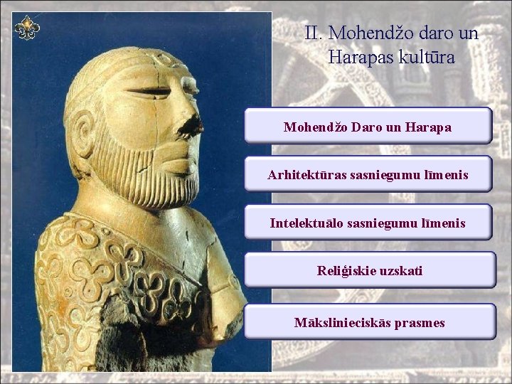 II. Mohendžo daro un Harapas kultūra Mohendžo Daro un Harapa Arhitektūras sasniegumu līmenis Intelektuālo