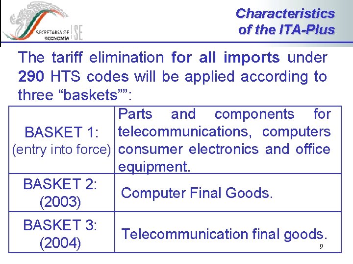 Characteristics of the ITA-Plus The tariff elimination for all imports under 290 HTS codes