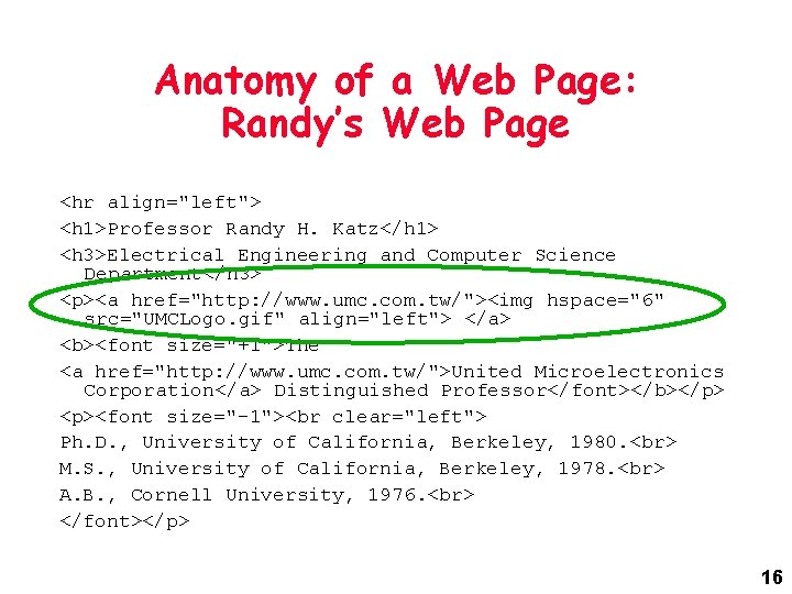 Anatomy of a Web Page: Randy’s Web Page <hr align="left"> <h 1>Professor Randy H.