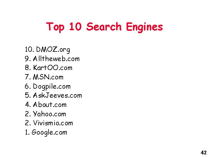 Top 10 Search Engines 10. DMOZ. org 9. Alltheweb. com 8. Kart. OO. com