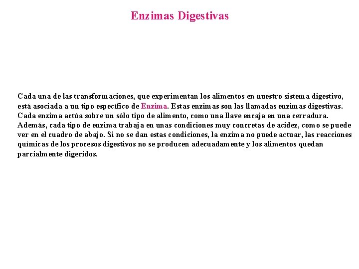 Enzimas Digestivas Cada una de las transformaciones, que experimentan los alimentos en nuestro sistema