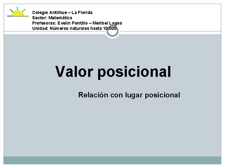 Colegio Antilhue – La Florida Sector: Matemática Profesoras: Evelin Pontillo – Meribel Lagos Unidad:
