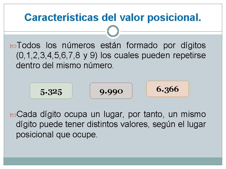 Características del valor posicional. Todos los números están formado por dígitos (0, 1, 2,
