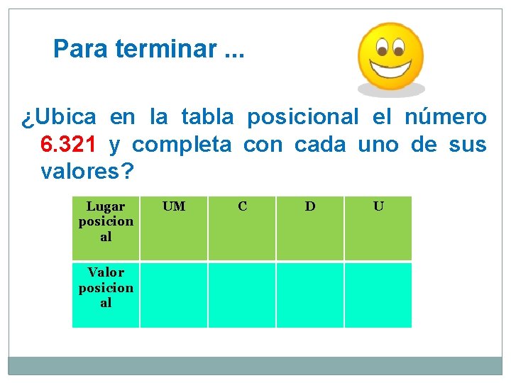 Para terminar. . . ¿Ubica en la tabla posicional el número 6. 321 y