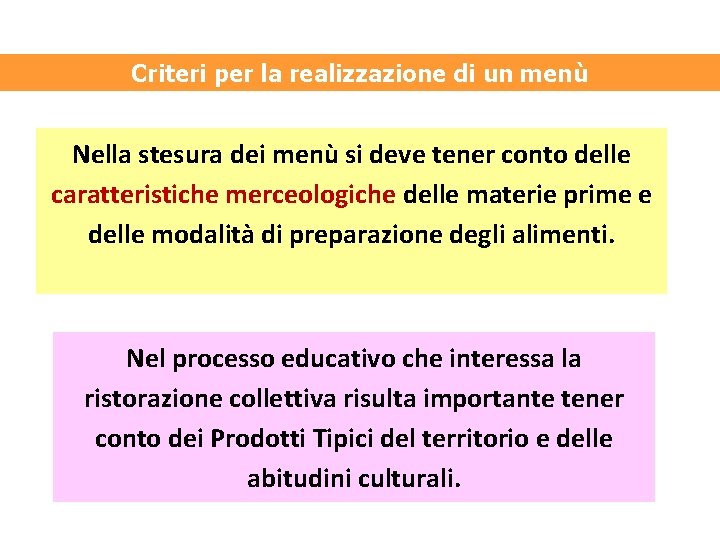 Criteri per la realizzazione di un menù Nella stesura dei menù si deve tener