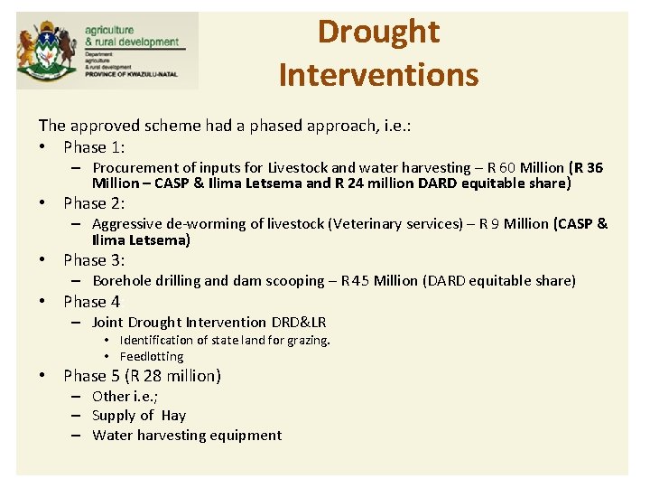 Drought Interventions The approved scheme had a phased approach, i. e. : • Phase