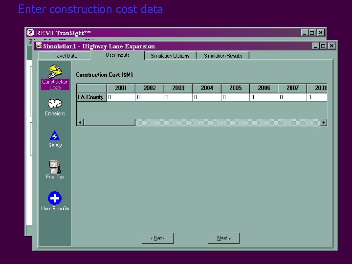Enter construction cost data 