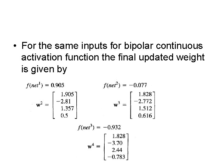  • For the same inputs for bipolar continuous activation function the final updated