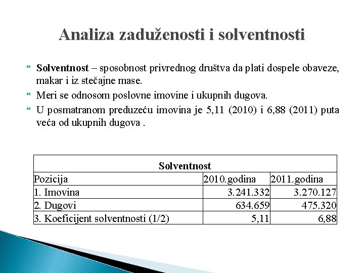 Analiza zaduženosti i solventnosti Solventnost – sposobnost privrednog društva da plati dospele obaveze, makar