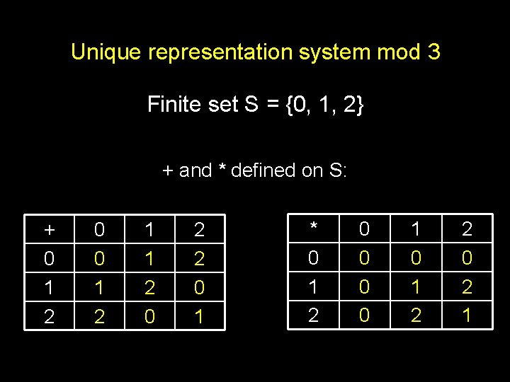 Unique representation system mod 3 Finite set S = {0, 1, 2} + and