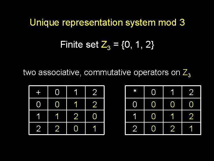 Unique representation system mod 3 Finite set Z 3 = {0, 1, 2} two