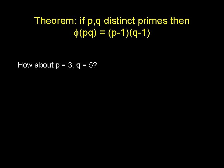 Theorem: if p, q distinct primes then f(pq) = (p-1)(q-1) How about p =