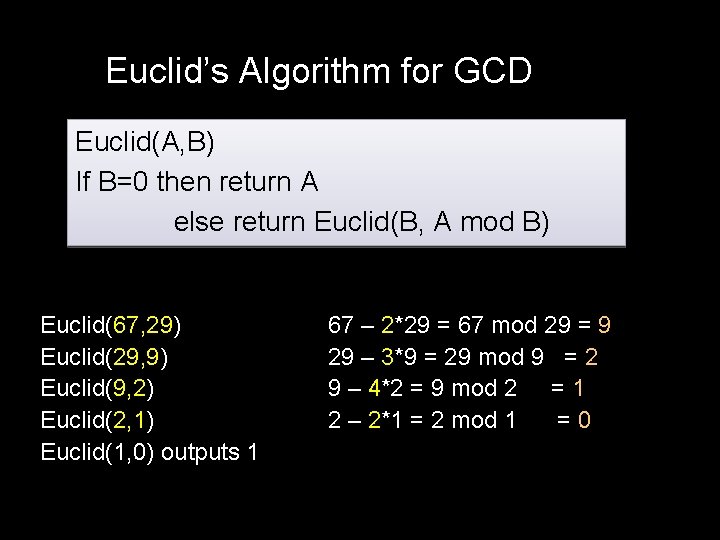 Euclid’s Algorithm for GCD Euclid(A, B) If B=0 then return A else return Euclid(B,