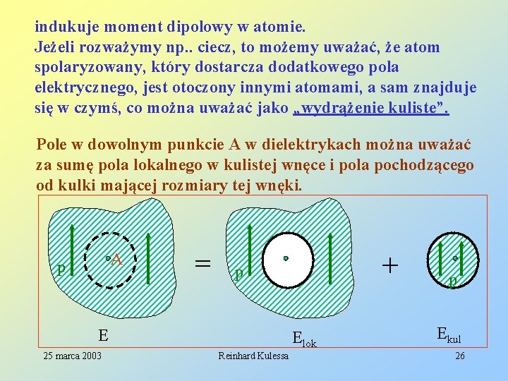 indukuje moment dipolowy w atomie. Jeżeli rozważymy np. . ciecz, to możemy uważać, że