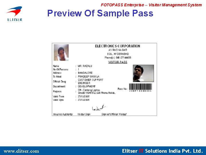 FOTOPASS Enterprise – Visitor Management System Preview Of Sample Pass www. elitser. com Elitser