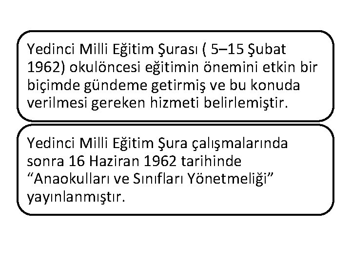 Yedinci Milli Eğitim Şurası ( 5– 15 Şubat 1962) okulöncesi eğitimin önemini etkin bir