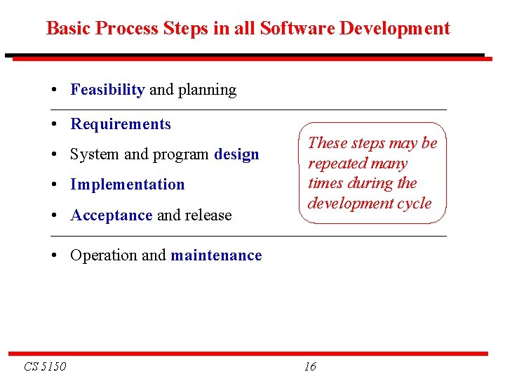Basic Process Steps in all Software Development • Feasibility and planning • Requirements •