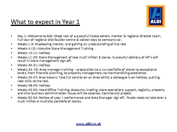 What to expect in Year 1 • • • Day 1: Welcome to Aldi.