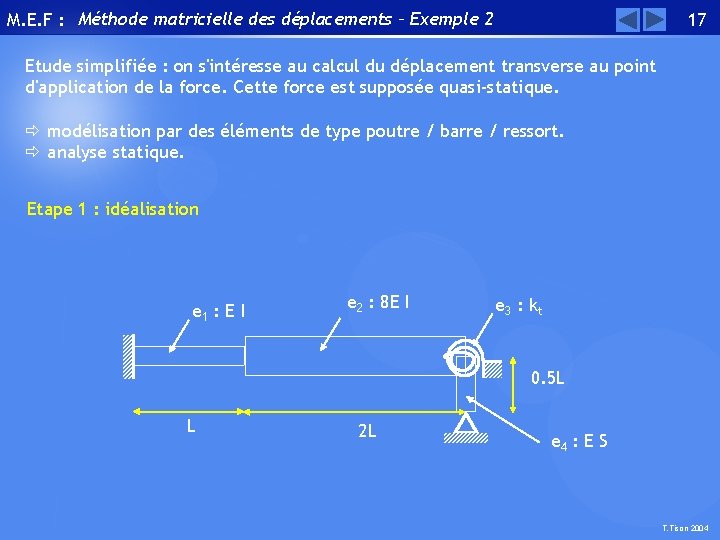 M. E. F : Méthode matricielle des déplacements – Exemple 2 17 Etude simplifiée