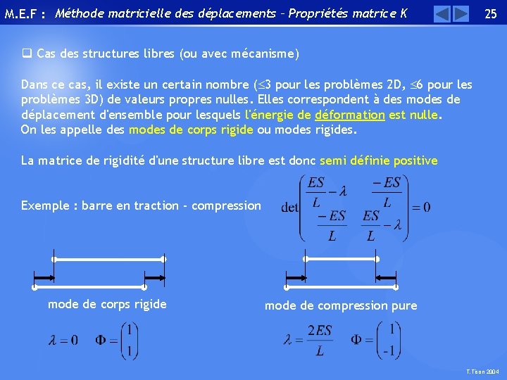 M. E. F : Méthode matricielle des déplacements – Propriétés matrice K 25 q