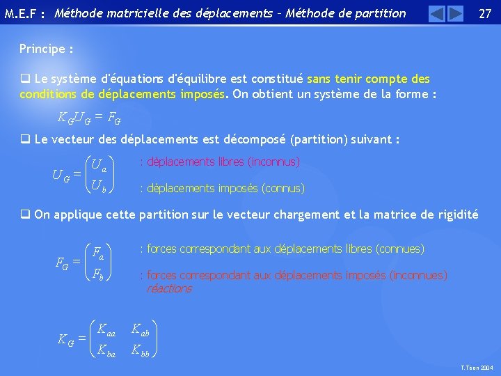 M. E. F : Méthode matricielle des déplacements – Méthode de partition 27 Principe