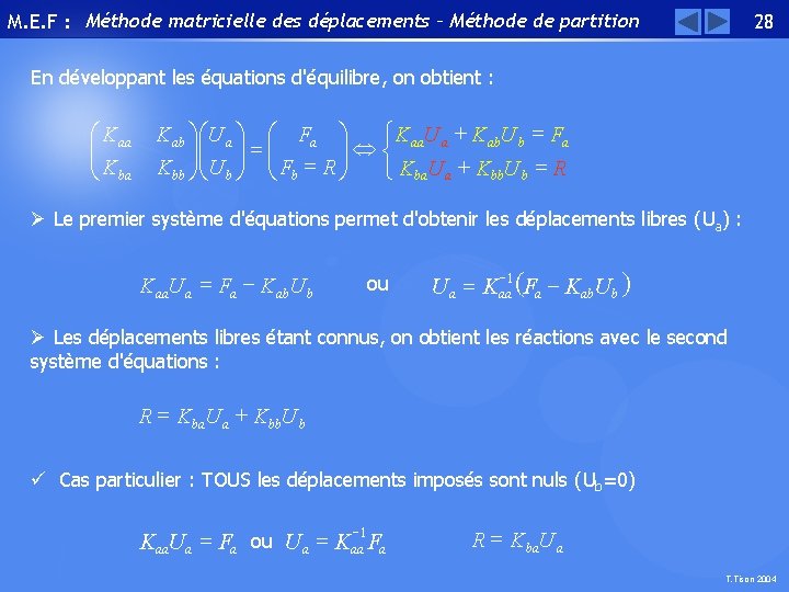 M. E. F : Méthode matricielle des déplacements – Méthode de partition 28 En
