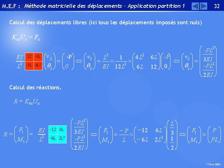 M. E. F : Méthode matricielle des déplacements – Application partition 1 32 Calcul