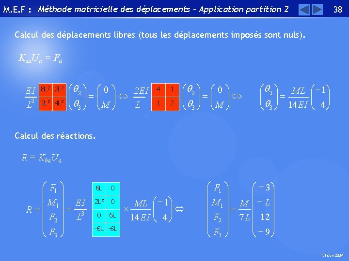M. E. F : Méthode matricielle des déplacements – Application partition 2 38 Calcul