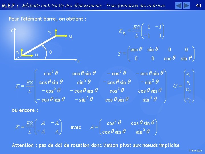 M. E. F : Méthode matricielle des déplacements – Transformation des matrices 44 Pour