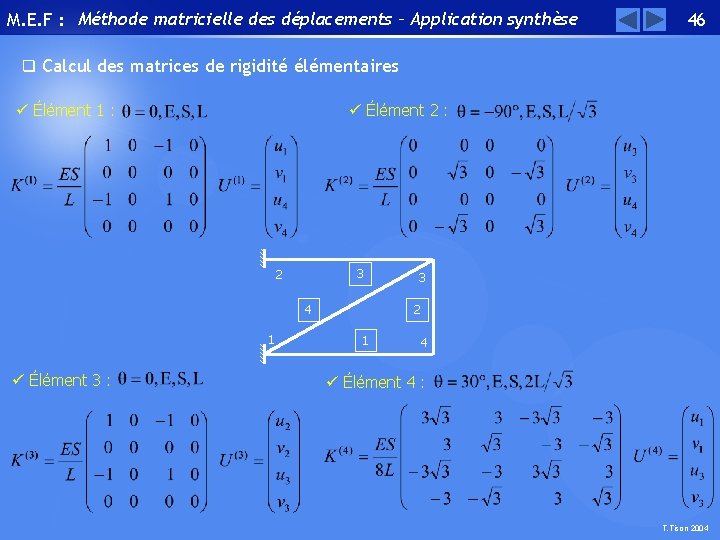 M. E. F : Méthode matricielle des déplacements – Application synthèse 46 q Calcul