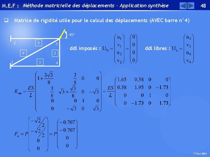 M. E. F : Méthode matricielle des déplacements – Application synthèse 48 Matrice de