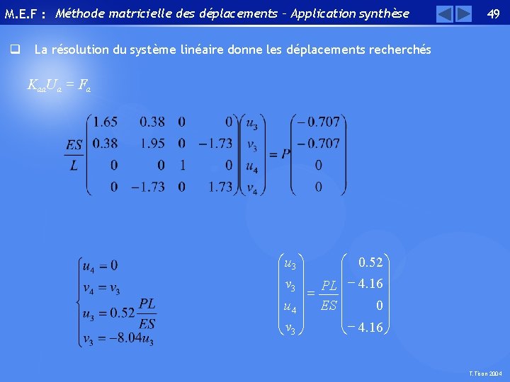 M. E. F : Méthode matricielle des déplacements – Application synthèse q 49 La