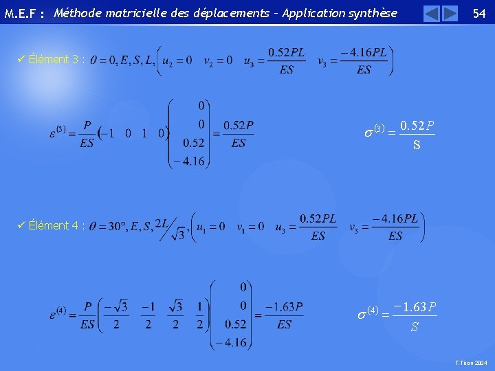 M. E. F : Méthode matricielle des déplacements – Application synthèse 54 ü Élément