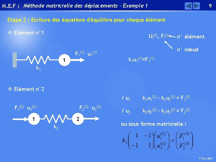 M. E. F : Méthode matricielle des déplacements – Exemple 1 9 Etape 2