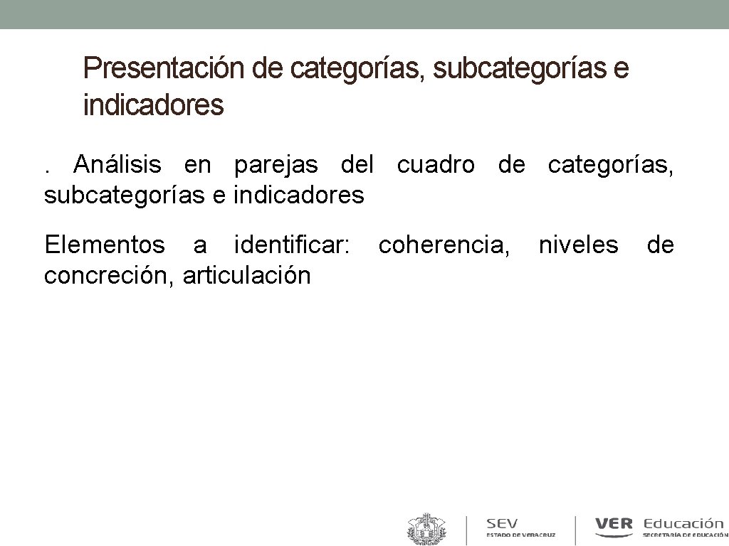 Presentación de categorías, subcategorías e indicadores. Análisis en parejas del cuadro de categorías, subcategorías