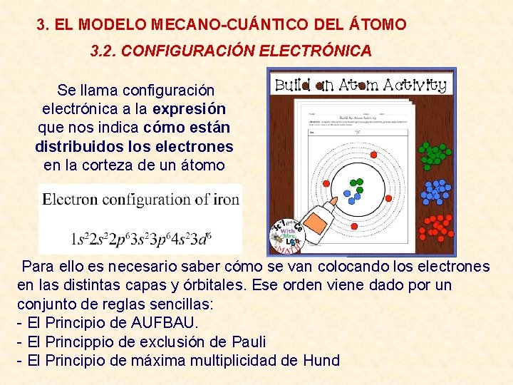 3. EL MODELO MECANO-CUÁNTICO DEL ÁTOMO 3. 2. CONFIGURACIÓN ELECTRÓNICA Se llama configuración electrónica