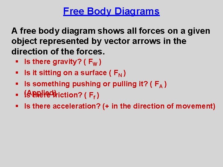 Free Body Diagrams A free body diagram shows all forces on a given object