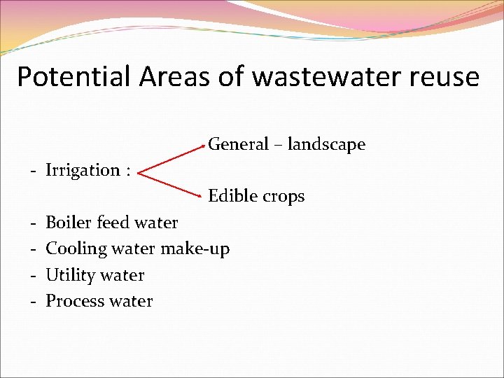 Potential Areas of wastewater reuse General – landscape - Irrigation : Edible crops -