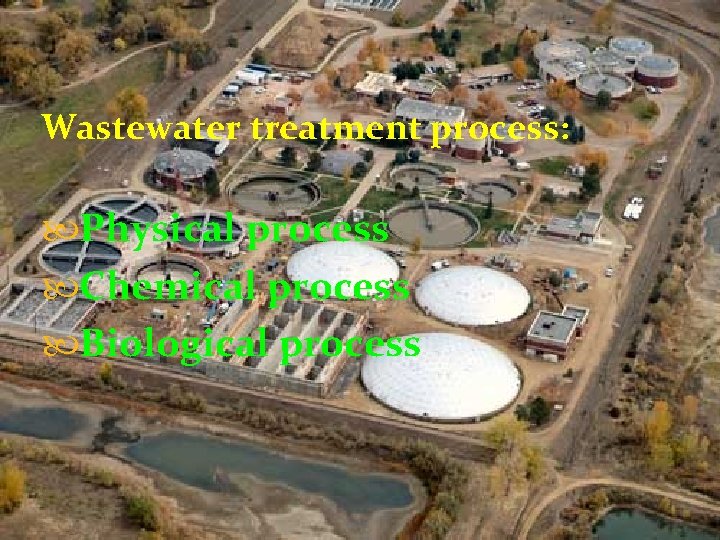 Wastewater treatment process: Physical process Chemical process Biological process 