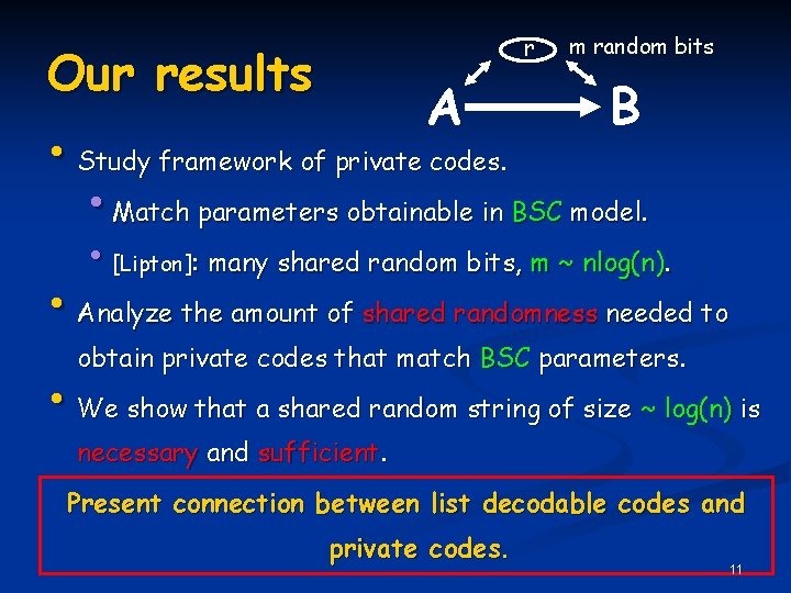 r Our results A m random bits B • Study framework of private codes.