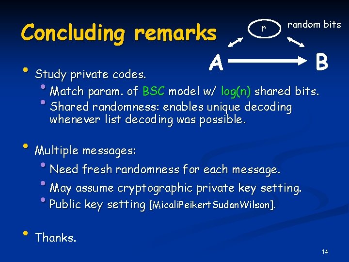 Concluding remarks A • Study private codes. r random bits B • Match param.