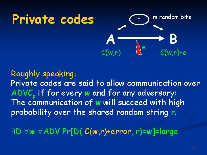 Private codes m random bits r A C(w, r) e B C(w, r)+e Roughly