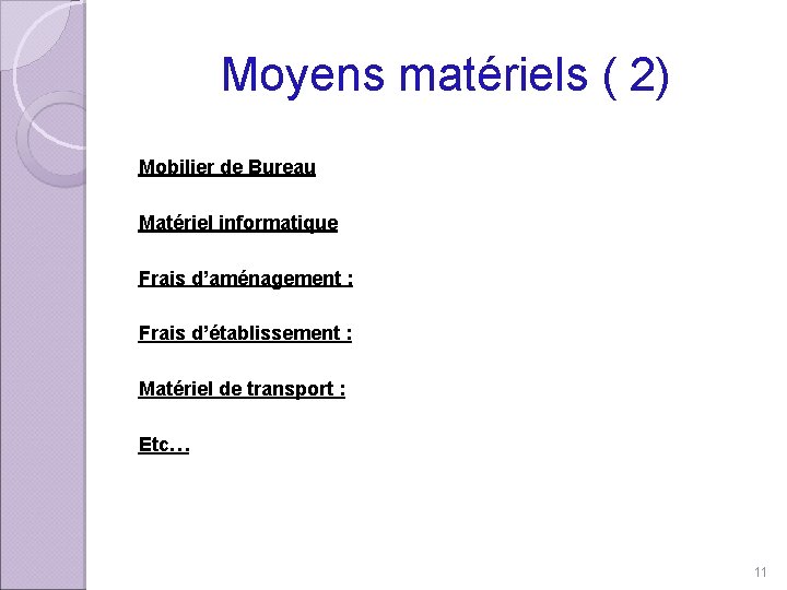 Moyens matériels ( 2) Mobilier de Bureau Matériel informatique Frais d’aménagement : Frais d’établissement