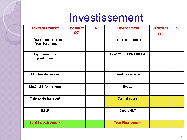Investissement Montant DT % Financement Montant % DT Aménagement et Frais d’établissement Apport promoteur