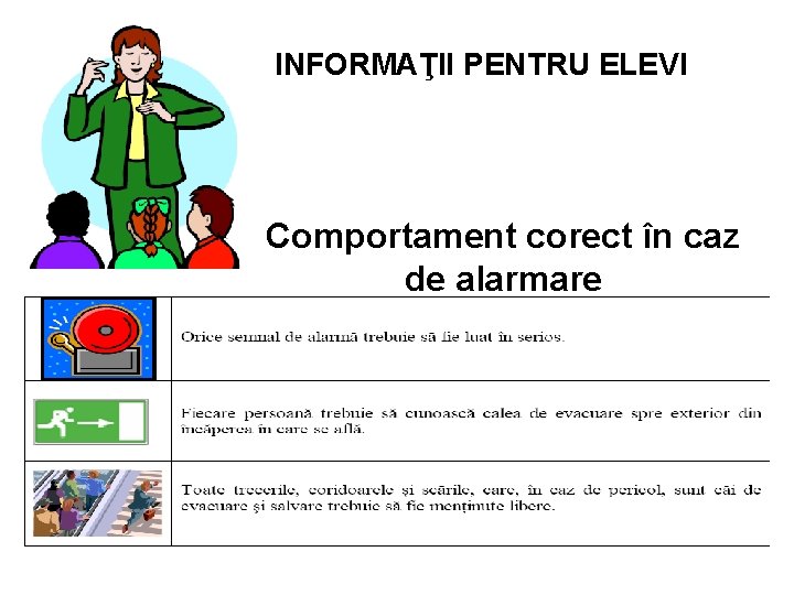 INFORMAŢII PENTRU ELEVI Comportament corect în caz de alarmare 