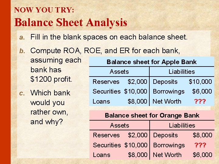 NOW YOU TRY: Balance Sheet Analysis a. Fill in the blank spaces on each