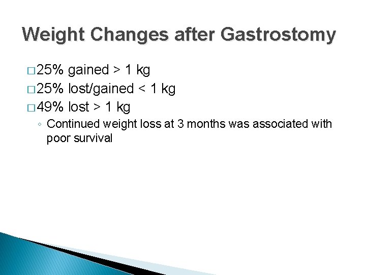 Weight Changes after Gastrostomy � 25% gained > 1 kg � 25% lost/gained <