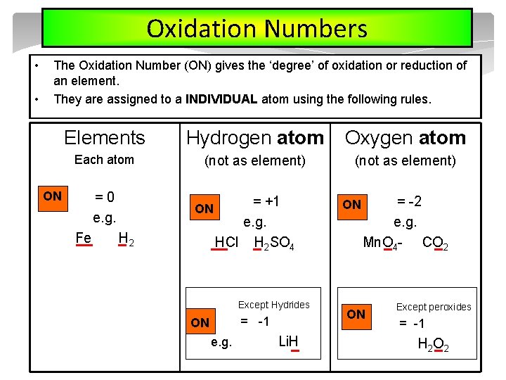 Oxidation Numbers • • The Oxidation Number (ON) gives the ‘degree’ of oxidation or