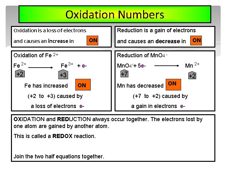 Oxidation Numbers Oxidation is a loss of electrons and causes an increase in Reduction