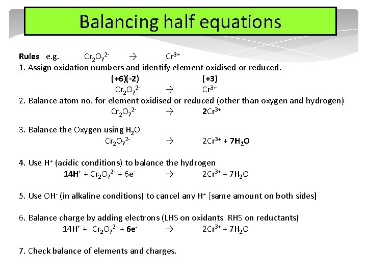 Balancing half equations Rules e. g. Cr 2 O 72→ Cr 3+ 1. Assign